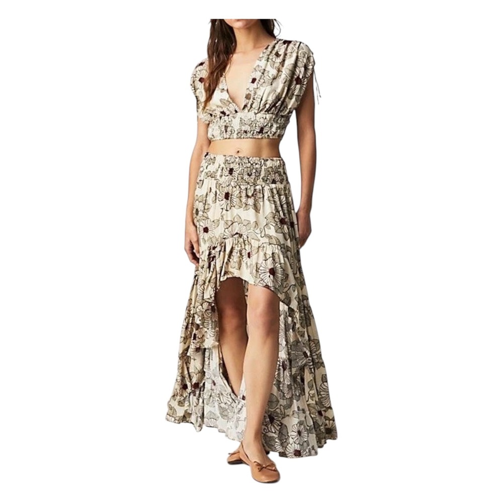 Free People Morning Sun Set Floral Crop Top High Low Maxi Skirt Boho Cream Brown